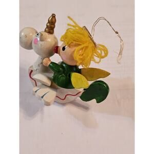 Flying Rocking Unicorn With Passenger Angel Wooden Vintage Tree Ornament